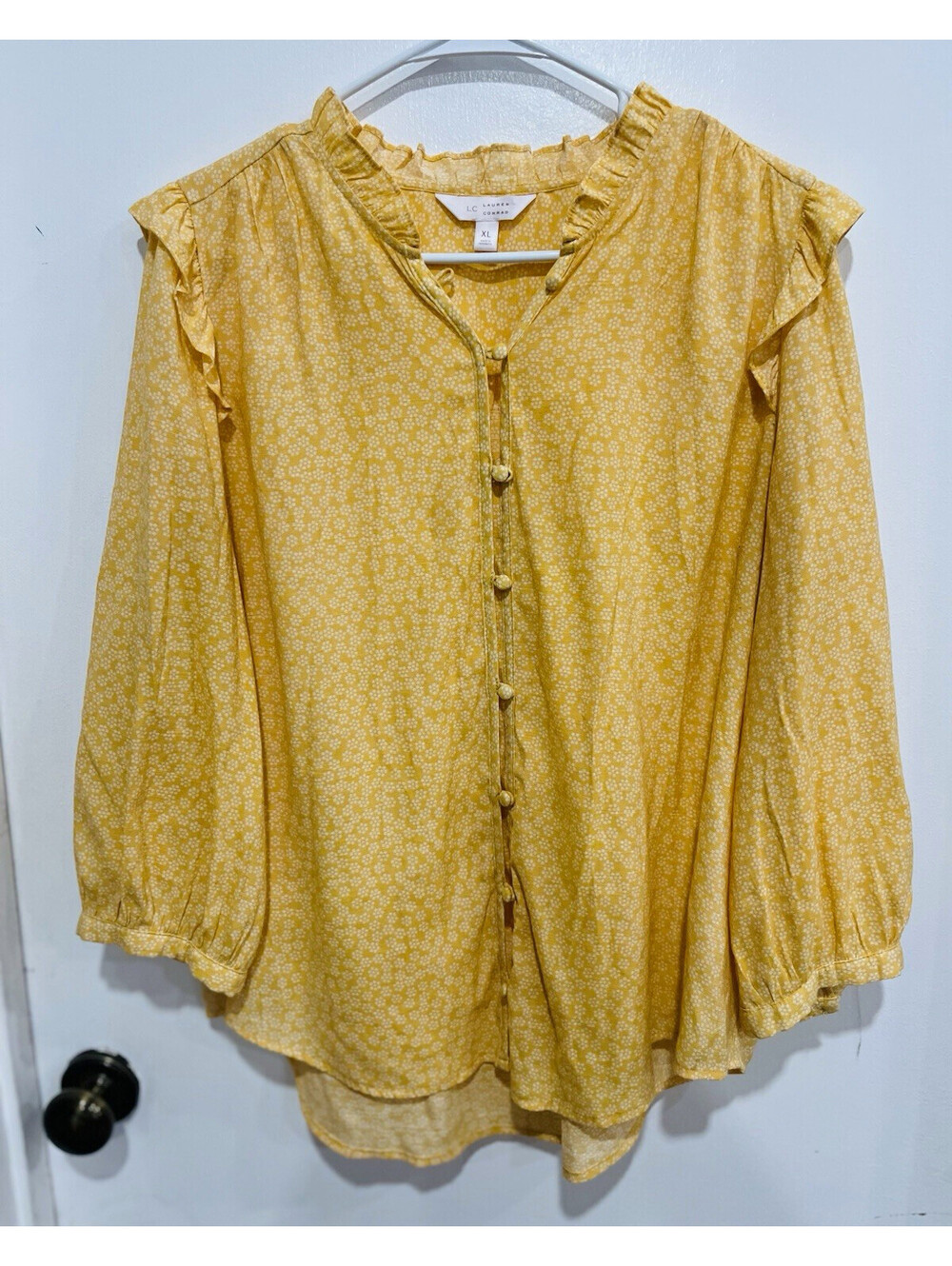 LC Lauren Conrad Women’s XL Yellow/White Polka Dot V-Neck Ruffle Button Blouse